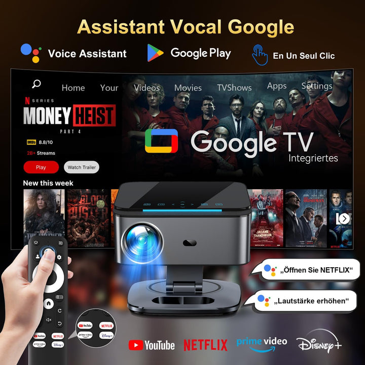 Beamer【1500 ANSI/Autofokus/360°-Drehung】 XIWBSY Projektor 4k Google TV/Sprachsteuerung, WiFi 6 Bluet