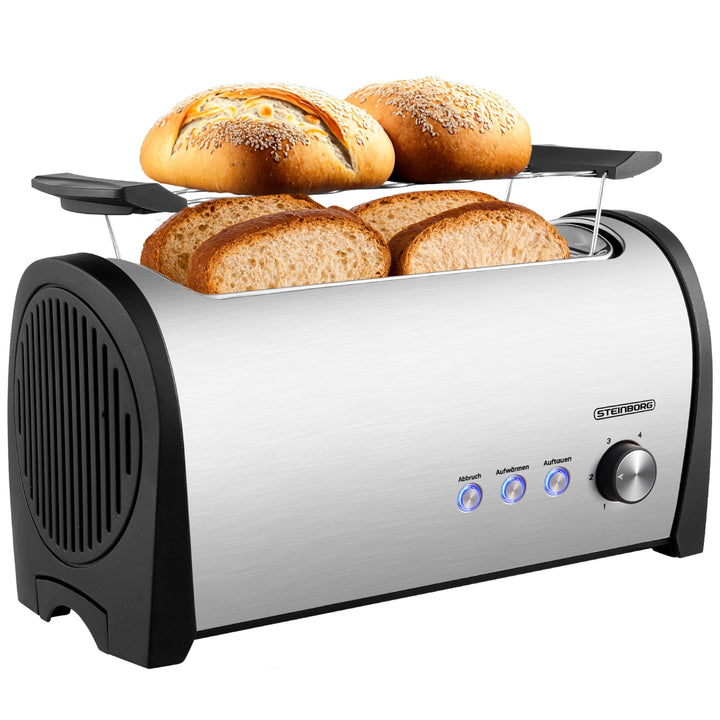 Steinborg Toaster 4 Scheiben mit Brötchenaufsatz XXL Langschlitztoaster Edelstahl Blaue LED Beleucht