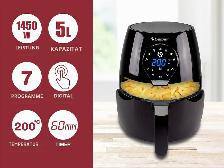 BEPER P101FRI050 Heissluftfritteuse, Frittieren ohne Öl, 5 l, Touchpad, 7 voreingestellte Programme,