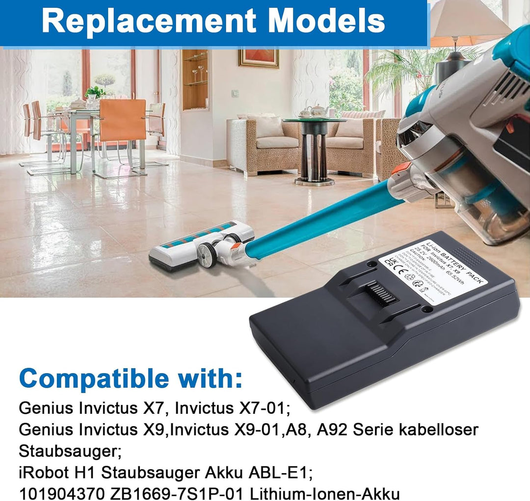 Ersatzakku kompatibel mit Genius Invictus X7 X7-01, X9, X9-01, A8, A9 Staubsauger, Ersatz für Modell