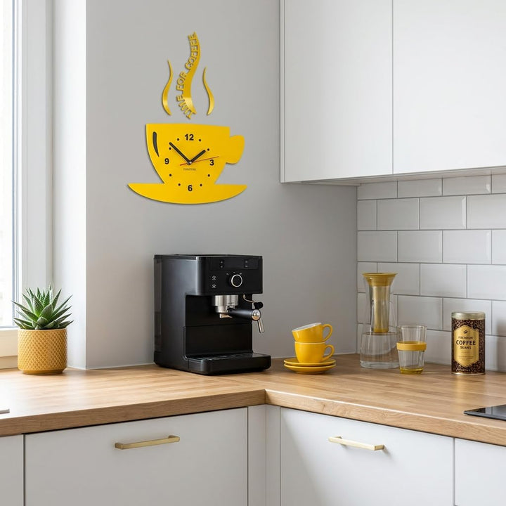 FLEXISTYLE Tasse Time for Coffee (Zeit für Kaffee) Moderne Küche Wanduhr, Zitronengelb, 3D römisch,