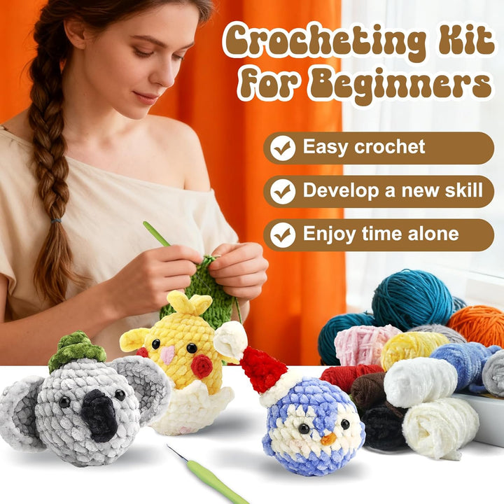 Welhammsae Häkelset für Anfänger, 4 Stück Tier Häckel Kit für Anfänger mit Garn, Häkelnadeln, Füllun