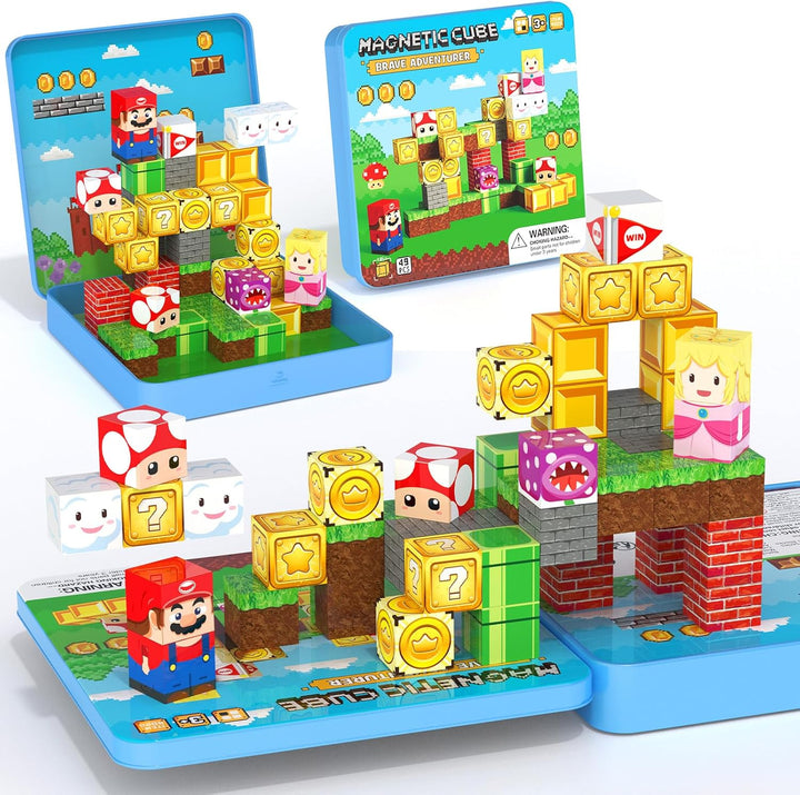 Magnetische Bausteine Reiseset, 49 Teile Magnetbausteine mit Eisenbox für Kinder, Magnetwürfel Bausp