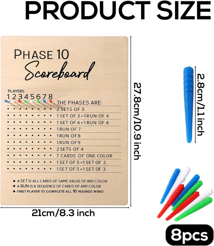 Phase 10 Anzeigetafel, 2025 Spass aus Holz Phase 10 Punktetafel mit 8 Farbigen Stift Tischtafel Phas