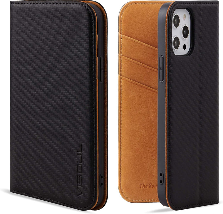 VISOUL iPhone 12 Pro Max Hülle, Handyhülle [Carbon Leder] [RFID Schutz] [Schützt vor Stoss] [Standfu