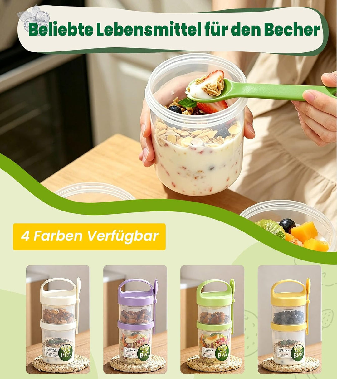Ugotit Müslibecher to Go mit Löffel, 360ml+560ml Joghurtbecher to Go, 4er Grün,rosa,gelb&amp;lila, Grün,