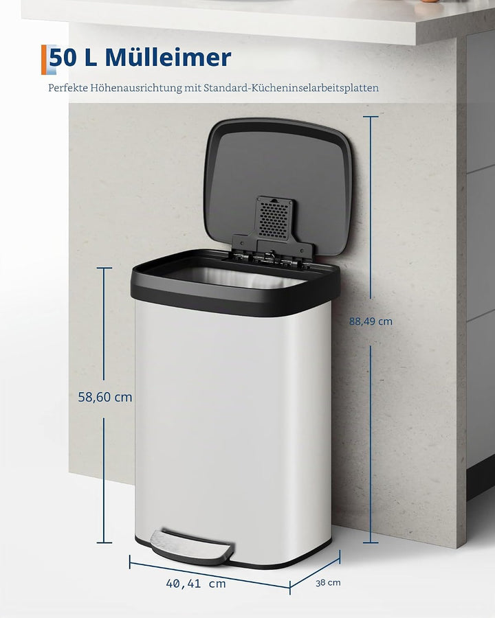 GarveeHome 50L Metall Mülleimer mit Deckel, grosser Tretmülleimer, Mülleimer Küche, rostfrei, mit Be