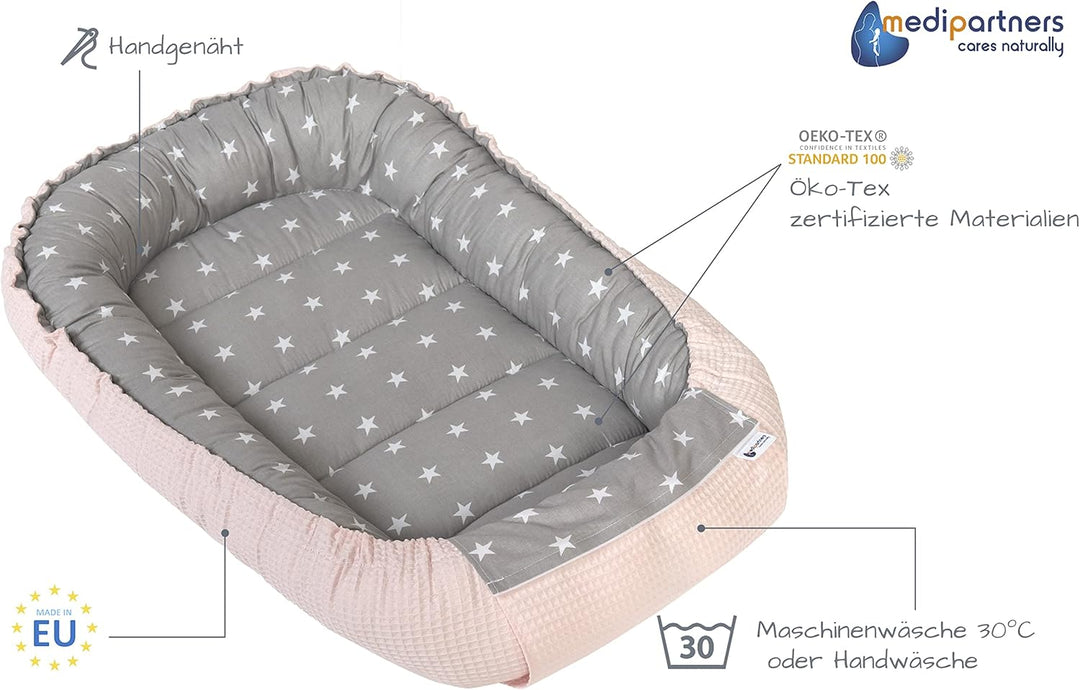 Medi Partners Babynest Kuschelnest Babynestchen 100% Baumwolle Waffle Nestchen Reisebett für Babys S