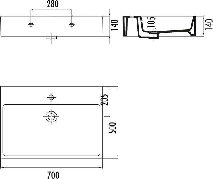 AQUA BAGNO Design Waschbecken aus hochwertiger Keramik, Hängewaschbecken im modernen Stil | 70 x 50