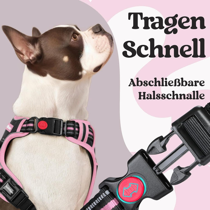 rabbitgoo Hundegeschirr Grosse Hunde Leichtes Anlegen, XL, Schwarz &amp; Rosa | Anti Zug, Ohne Kopfdurch