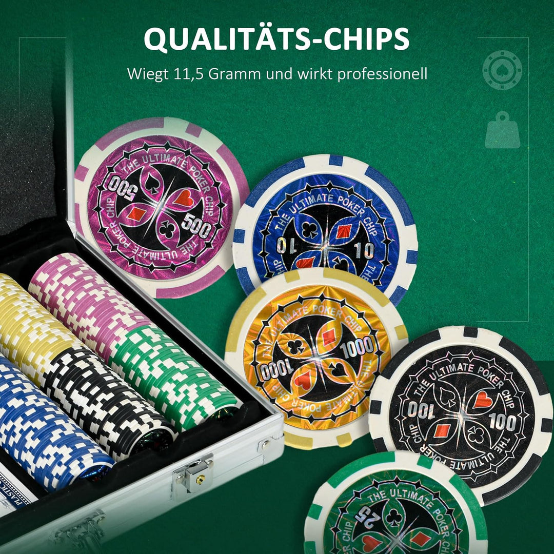 SPORTNOW Pokerkoffer Set, 300 Pokerchips 11,5 Gramm, Pokerset mit Schloss, 2 Pokerdecks, 5 Würfel, 1