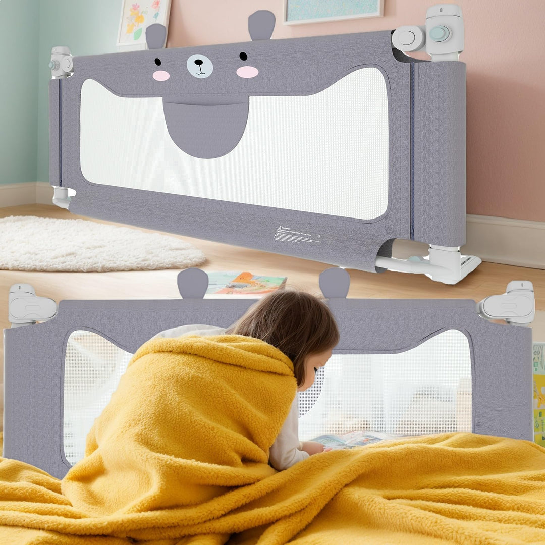 Kindergitter 70-93cm – Bärenmuster Bettgitter mit 28 Höhenstufen, 150cm Länge, für Matratzen bis 30c