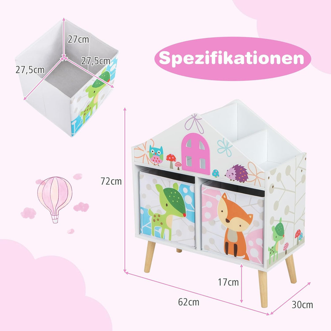 DREAMADE Kinderregal mit 4 Fächer und 2 Aufbewahrungsboxen, Spielzeugregal Spielzeugkiste Spielzeug-