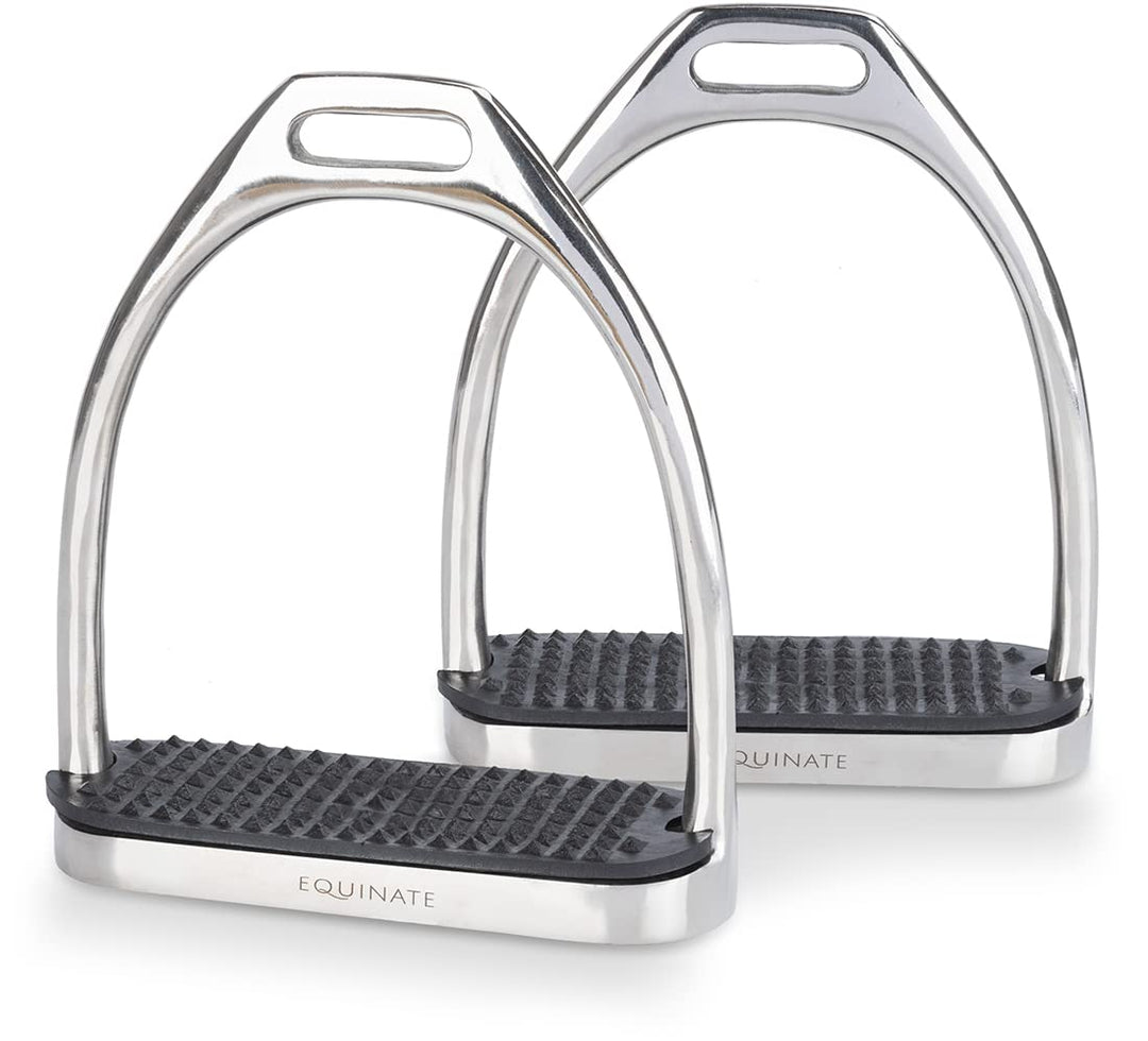 Equinate Steigbügel Luna 10cm Edelstahl - Mit Anti-Rutsch Trittfläche aus Gummi - Für Erwachsene und