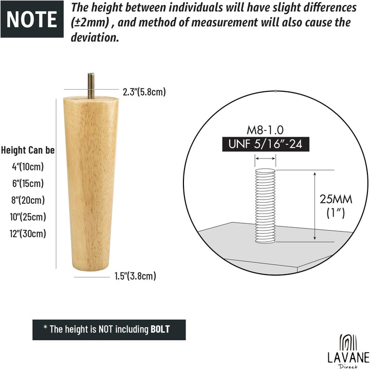 8 Zoll / 20cm Holz Tischbeine, La Vane 4 Stück Massivholz Konisch Ersatz Möbelfüsse Möbelbeine mit v