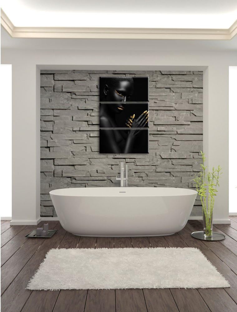 Pixxprint Frau mit goldenen Lippen / 3-Teilig/Gesamtmass 120cm Leinwandbild bespannt auf Holzrahmen/