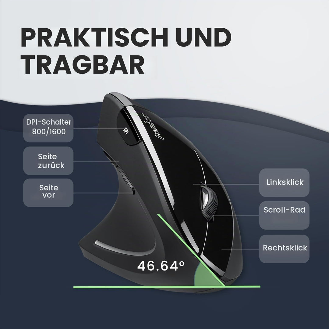 Perixx PERIMICE-713 Ergonomische Linkshänder Maus - Vertikales Design - 2,4GHz - 800/1200/1600 DPI K