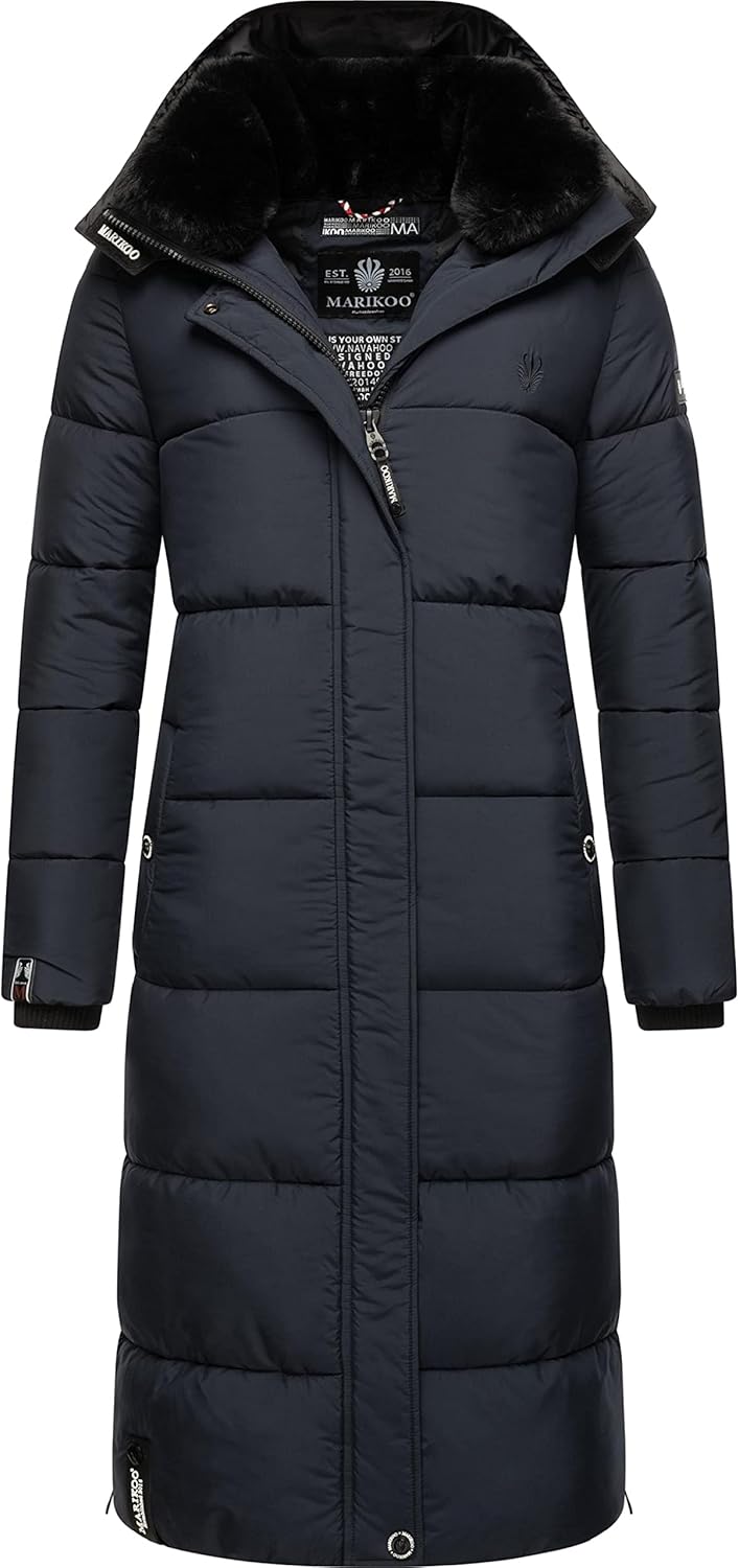 MARIKOO Damen Wintermantel Warmer Steppmantel lang mit Abnehmbarer Kapuze Reliziaa XS-3XL M Navy, M
