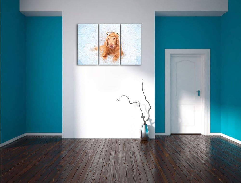 Pixxprint Süsser Hundeengel auf Einer Wolke im Himmel Kunst Pinsel Effekt 3-Teiler Leinwandbild 120x