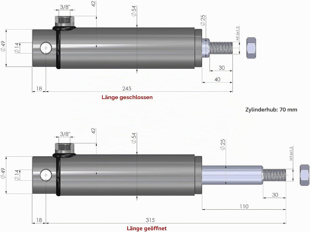 Bremszylinder mit Rückholfeder innen einfachwirkend, Hydraulikzylinder Anhänger