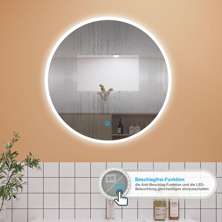Aica Sanitär Runder LED Badspiegel Rund 80cm 3 Lichfarbe dimmbar Memory Wand/Touchschalter Anti-Besc