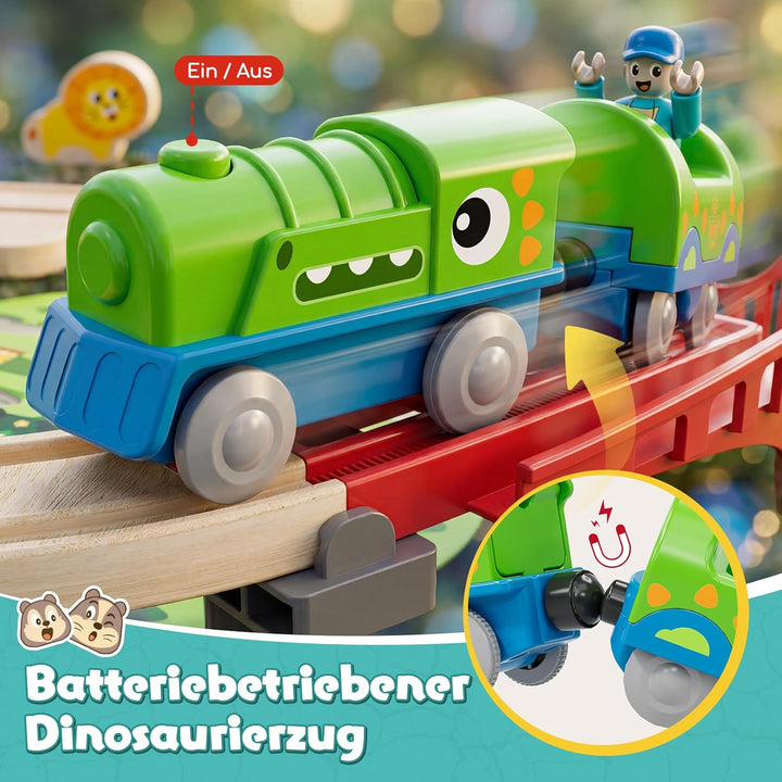 Lehoo Castle Holzeisenbahn, Dinosaurier Lokomotive, Freizeitpark Holz Eisenbahn Kinder mit Löwentunn