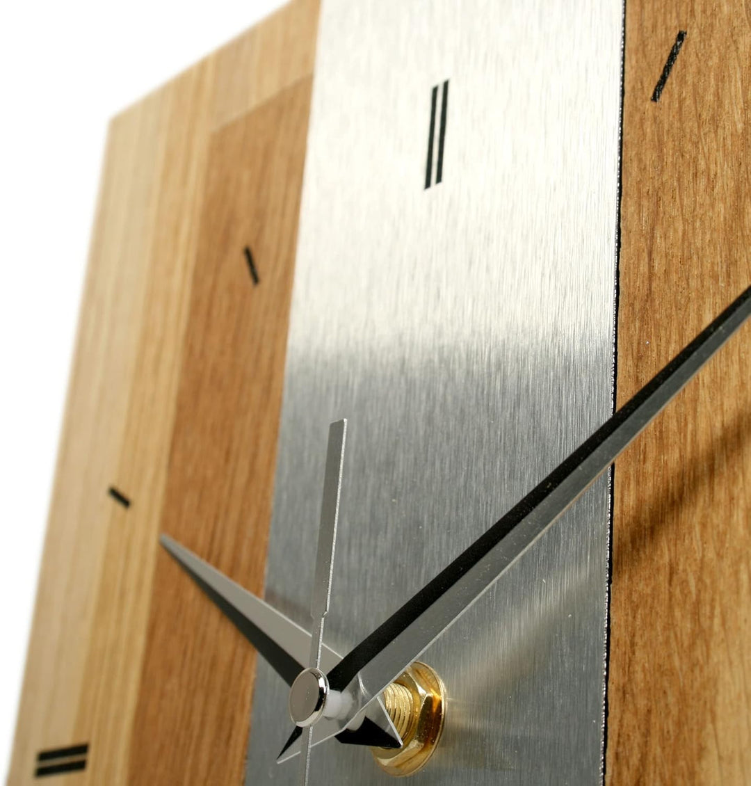 Kreative Feder Designer-STANDUHR Silver Stripe aus MASSIVHOLZ 27x20cm – analoge TISCHUHR ohne Tickge