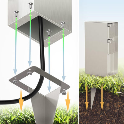 ledscom.de Gartensteckdose POMI mit Erdspiess, Outdoor, IP44, 4-fach, edelstahl, eckig, 23cm, 2 Stk.