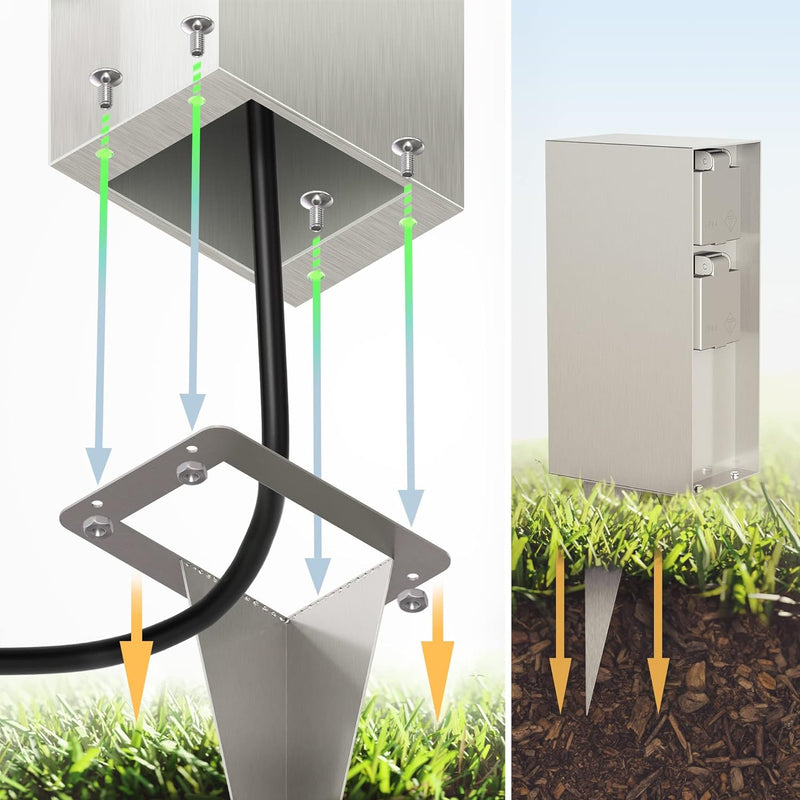 ledscom.de Gartensteckdose POMI mit Erdspiess, Outdoor, IP44, 4-fach, edelstahl, eckig, 23cm, 2 Stk.