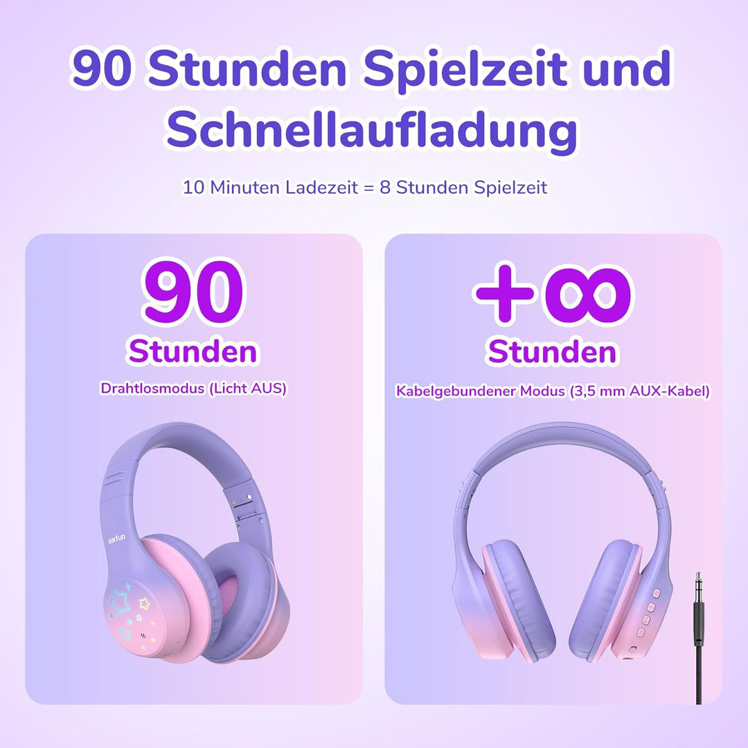EarFun Bluetooth Kopfhörer Kinder, 5 LED-Beleuchtungsmodi, 74/85/94 dBA Lautstärkebegrenzung, 90 Std