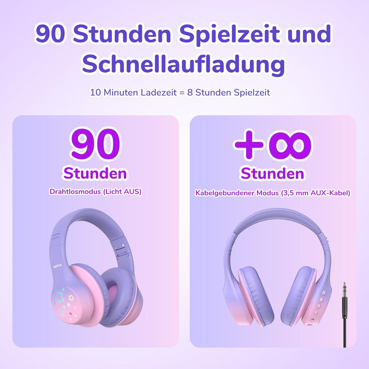 EarFun Bluetooth Kopfhörer Kinder, 5 LED-Beleuchtungsmodi, 74/85/94 dBA Lautstärkebegrenzung, 90 Std