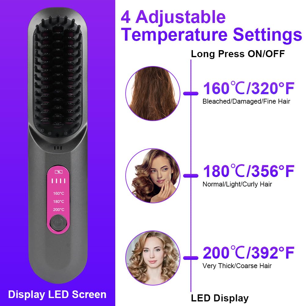 LOPHE Mini Haarglätterbürste, Glättbürste Kabellos, Hair Straightener Comb mit LCD-Bildschirm 3-Stuf