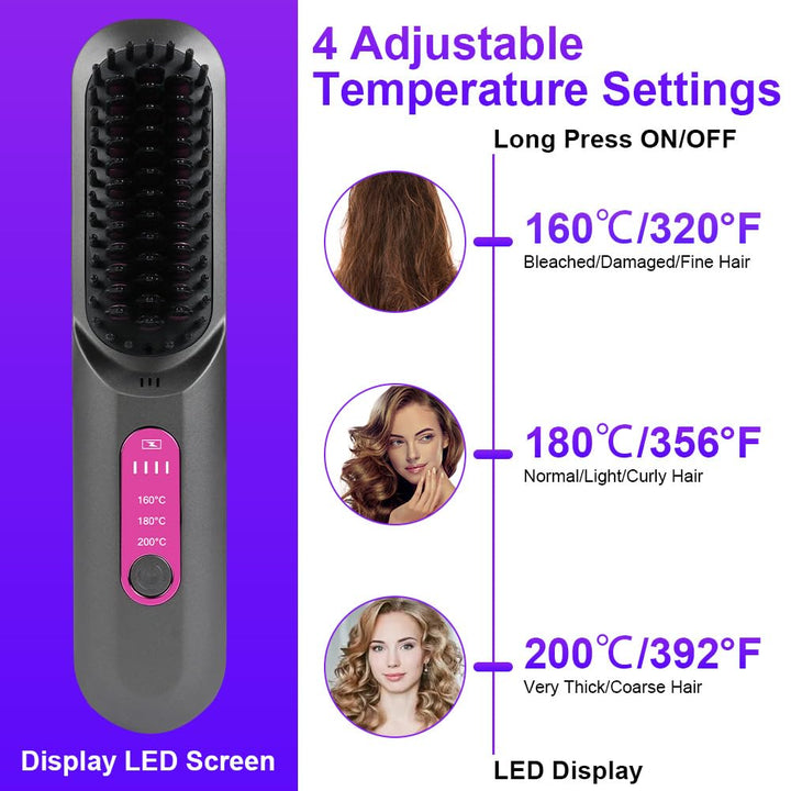 LOPHE Mini Haarglätterbürste, Glättbürste Kabellos, Hair Straightener Comb mit LCD-Bildschirm 3-Stuf