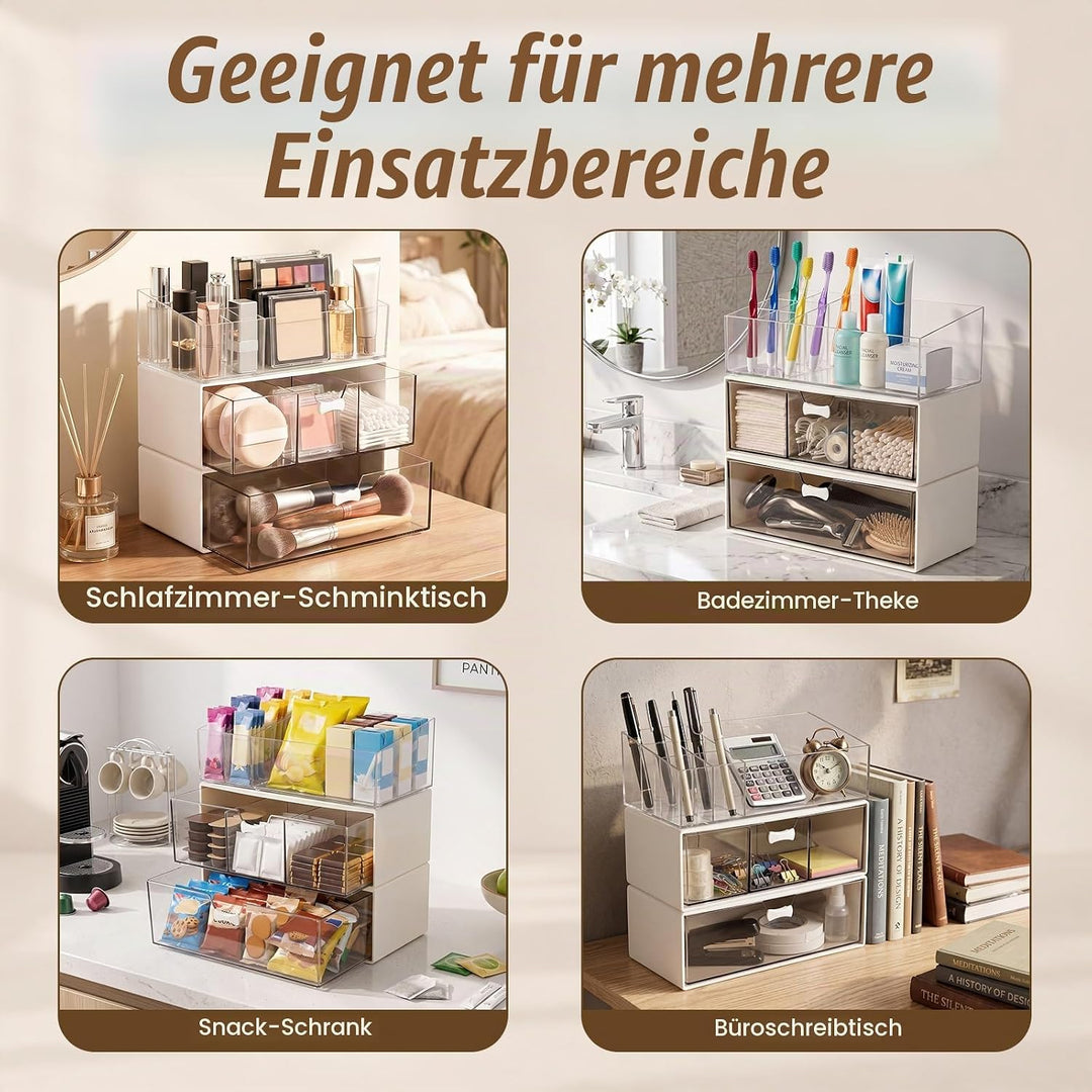 Stapelbarer Kosmetik Organizer 3er Set, Make-up Organizer mit Lippenstiftfach, Einzelfach und 3-Fäch