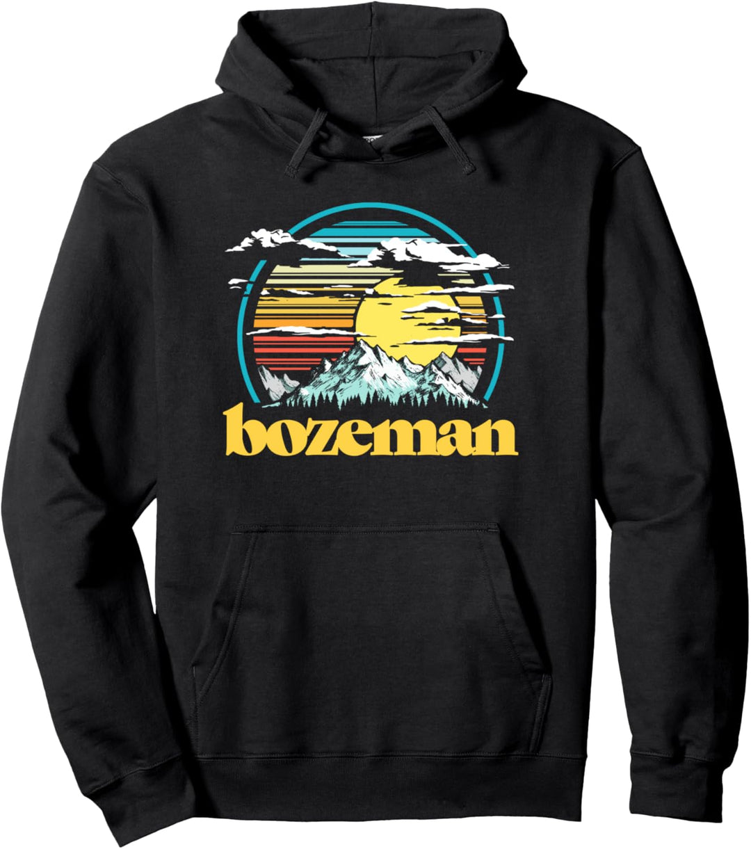 Retro Bozeman Montana Vintage 80s Style Mountains & Sun Pullover Hoodie