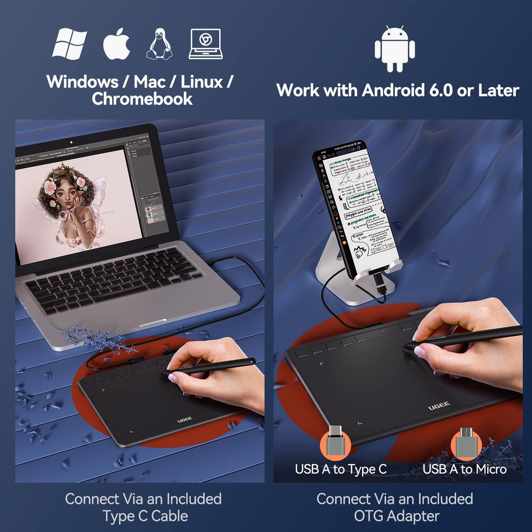 UGEE Grafiktablett S640 Digitales Zeichentablett mit batterieloser Stylus-Neigungsfunktion, 8192 Dru