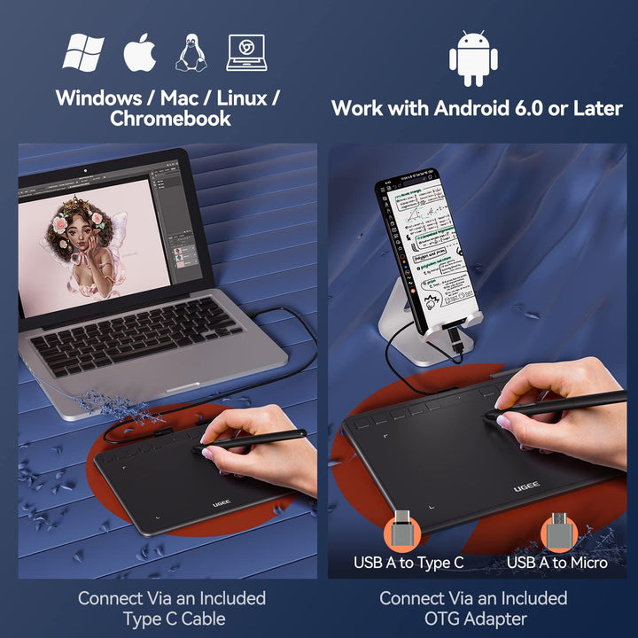 UGEE Grafiktablett S640 Digitales Zeichentablett mit batterieloser Stylus-Neigungsfunktion, 8192 Dru