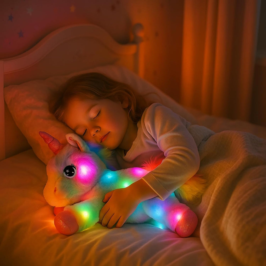Bunt LED Einhorn Plüschtier mit bunter Nachtlicht Funktion, Leuchtendes Kuscheltier glüht im Dunkeln