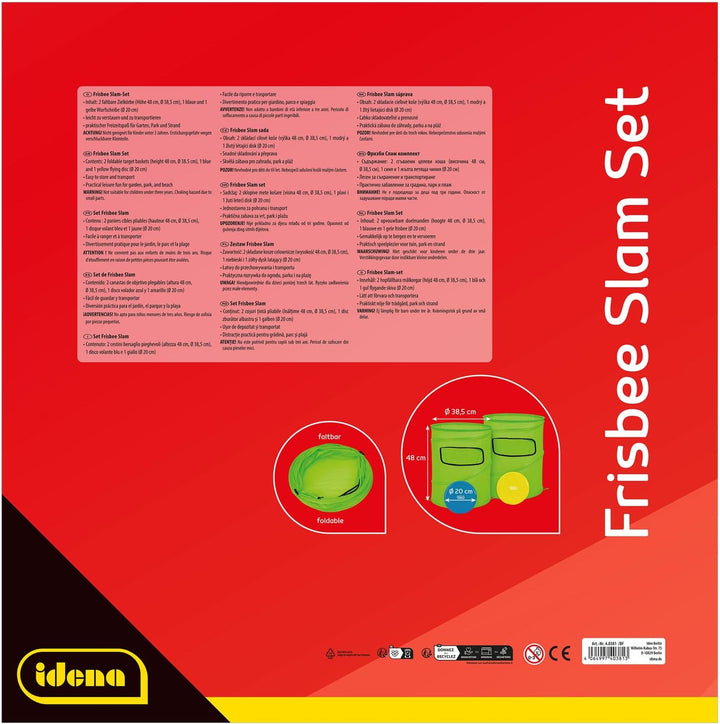 Idena - Wurfspiel Slam Set Outdoor, 2 Faltbare Zielkörbe, 1 Blaue und 1 gelbe Wurfscheibe ⌀ 20 cm, G