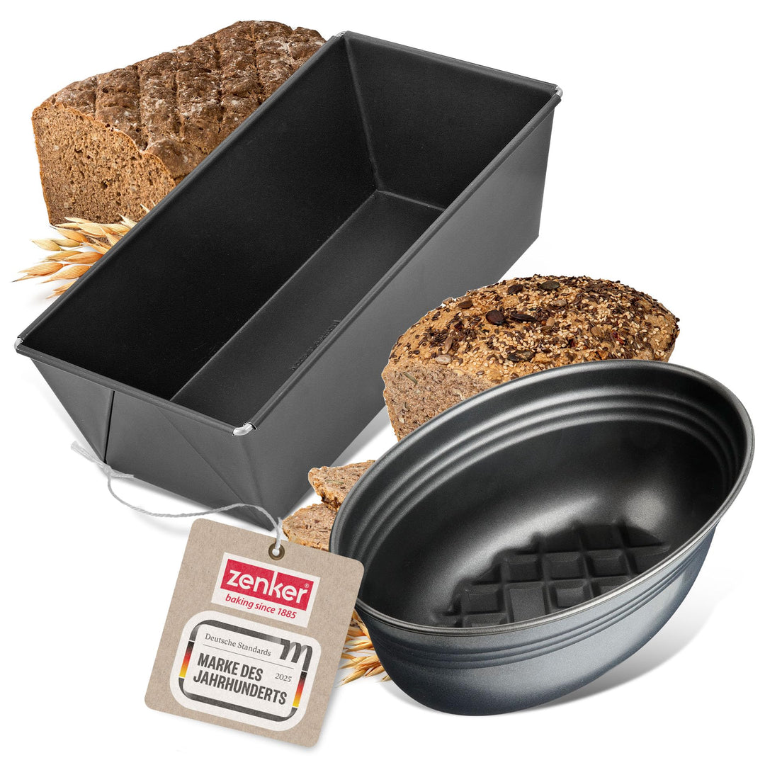 Zenker Brotbackform 2er Set - Schwarze Stahlblech Brotbackform Oval und Rechteckig, Für knuspriges B