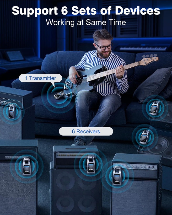 Kabelloses Gitarrensystem, 2,4 GHz mit 6 Kanälen, wiederaufladbar, Audio, kabellos, Bass-Sender, Emp