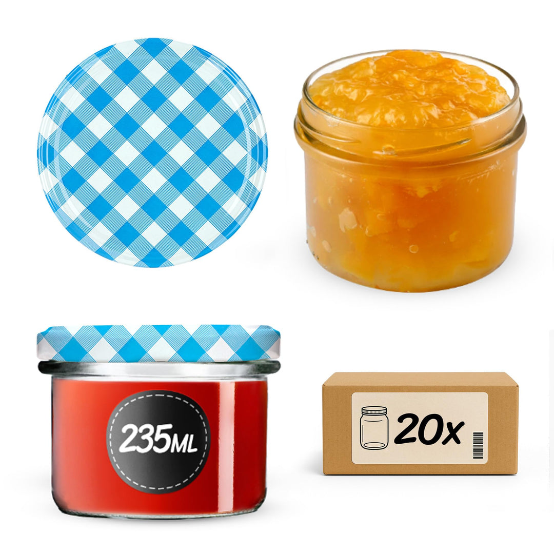 KADAX 20er Set Marmeladengläser 235ml TO82 Blau kariert, Einmachgläser Vorratsgläser Mason Jar mit S