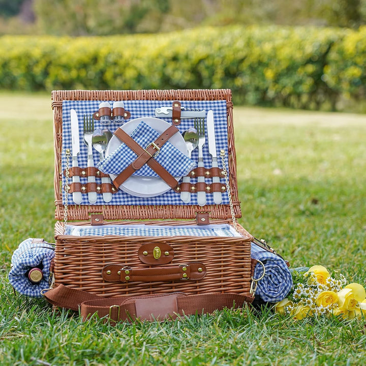 Picknickkorb für 4, isolierte Weiden-Picknickkörbe mit Schultergurt, Picknickkorb mit wasserdichter