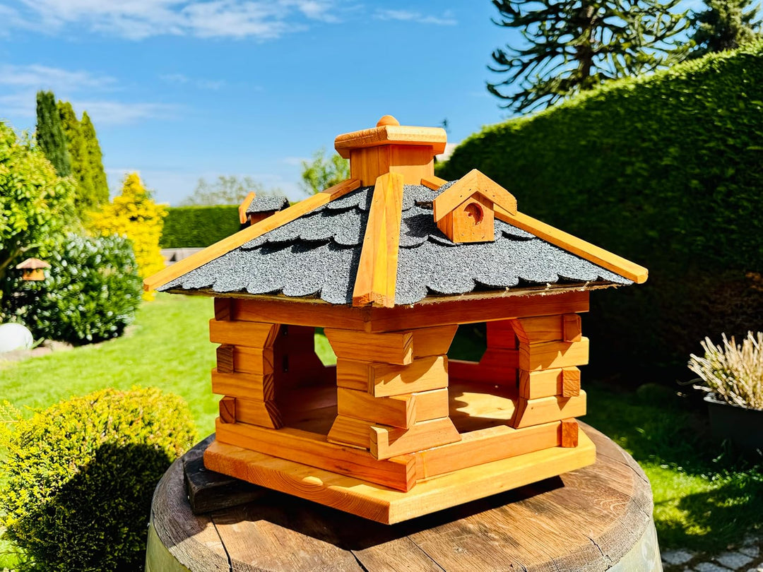 DARLUX Handgefertigtes Sechseck Vogelhaus aus Holz wetterfest M - XXL mit und ohne Ständer I Futterh