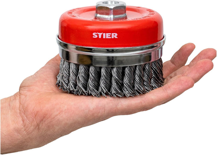 STIER Topfbürste Stahl, gezopfter Draht, für Winkelschleifer, Ø 100 mm, M14, Drahtstärke 0,8 mm, Dra