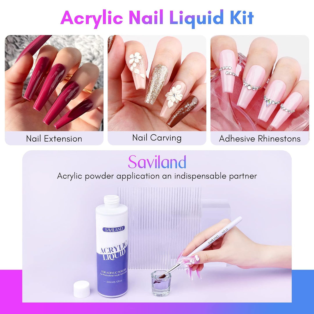 SAVILAND Acryl Liquid für Nägel – 240ML Acryl Liquid mit 3 Acryl Pinsel Grösse (8/10/14) für Acryl A