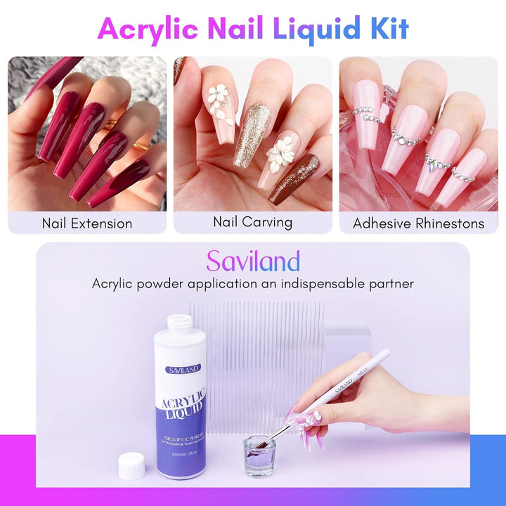 SAVILAND Acryl Liquid für Nägel – 240ML Acryl Liquid mit 3 Acryl Pinsel Grösse (8/10/14) für Acryl A