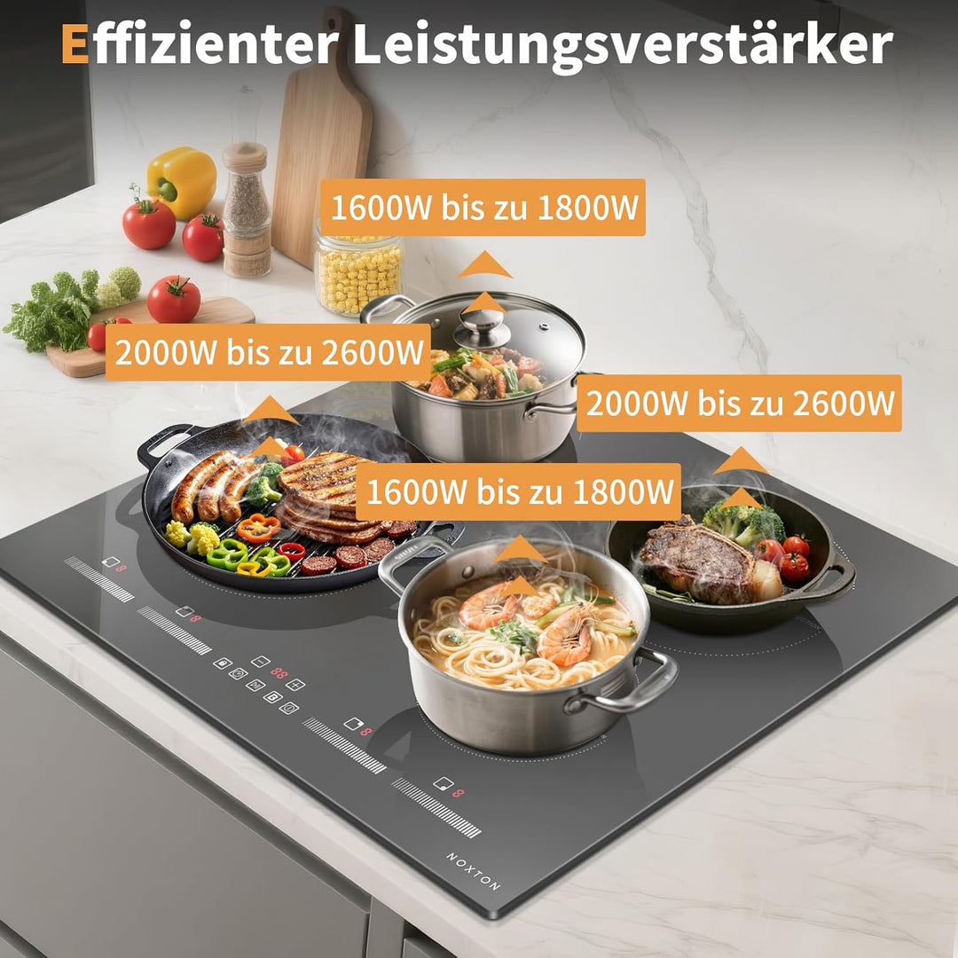 NOXTON Induktionskochfeld 60 cm Einbau mit Booster, Autarkes Induktionsfeld 4 Platten mit Schiebereg