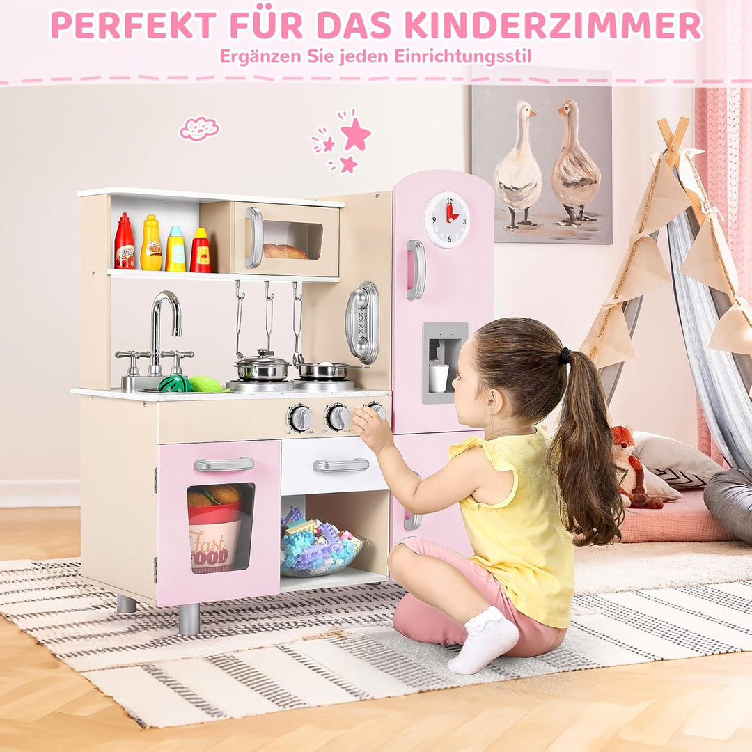 MAMIZO Kinderküche mit Licht und Sound, Puppenküche Holz, kinderküchen mit Herd, Eismaschine, Telefo