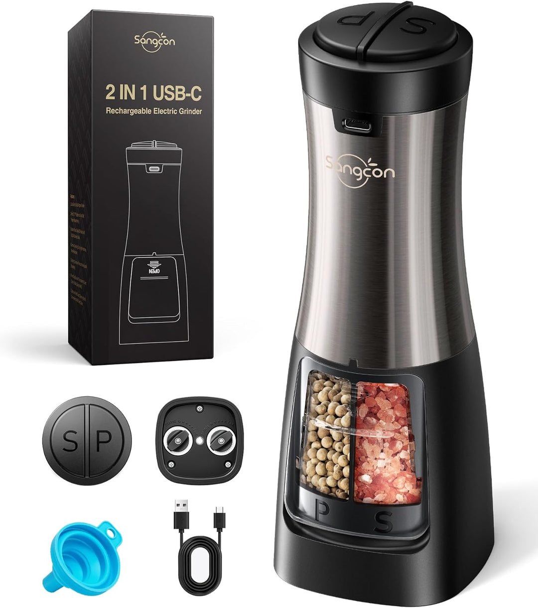 Sangcon 2 in 1 Salz und Pfeffermühle Elektrisch, Pfeffermühle USB-Aufladbarer，Automatische Einhandbe